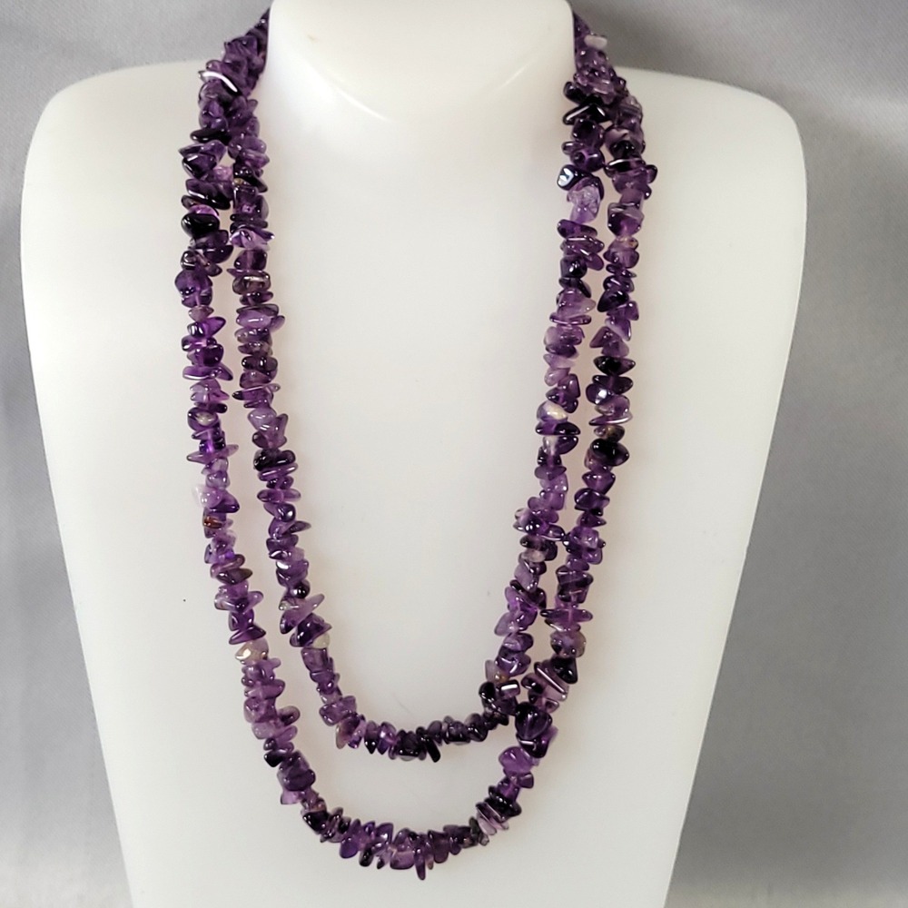 Amethyst Chip Bead Necklace Purple Natural Stone Opera Long 32 Inch Boho